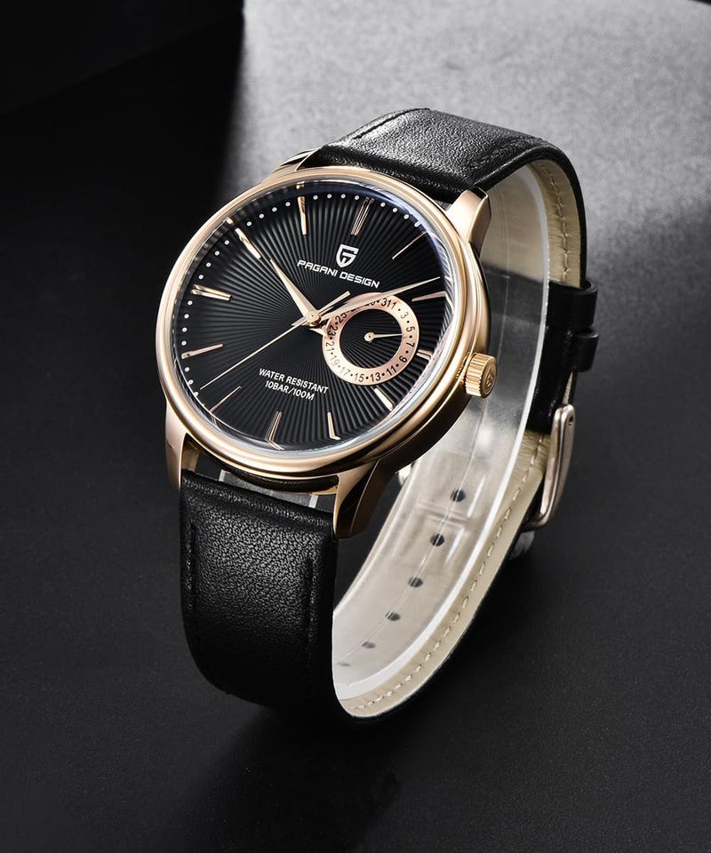 PAGANI DESIGN ساعة كواتز للرجال بتصميم باغاني، تصميم بسيط مع حزام جلد، مقاومة للماء حتى 100م، عرض التاريخ، حركة يابانية (ذهبي أسود) - Image 4